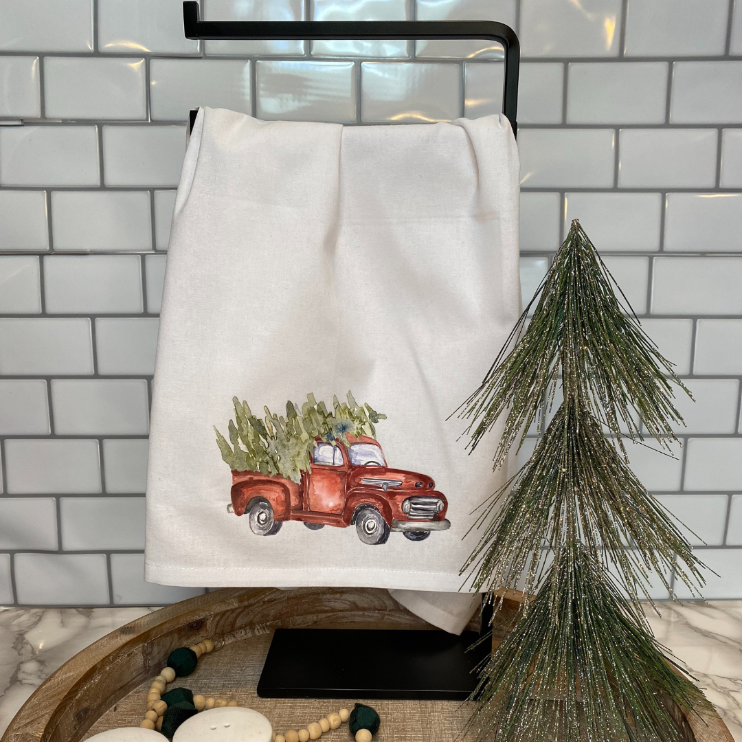 Watercolor Christmas Truck Tea Towel